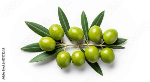 Fototapeta Photo of a vibrant green olive branch with numerous olives and leaves, presented elegantly isolated on a clean white background
