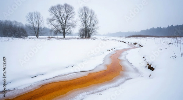 Fototapeta Photo of a serene winter landscape unfolds with a snowcovered field, bare trees, and a winding orangetinted stream flowing through the icy terrain