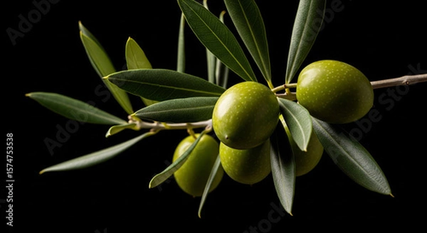 Fototapeta Photo of a closeup view of a green olive branch with several ripe olives and lush leaves against a dramatic dark background