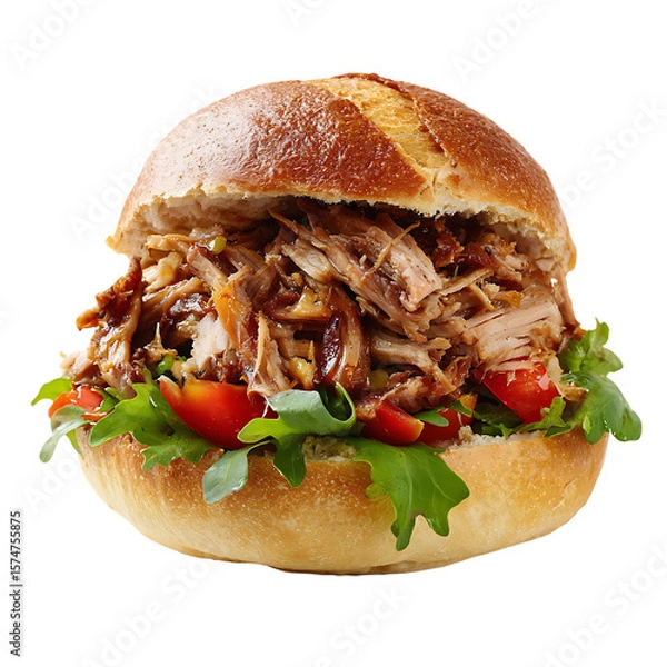 Fototapeta Delicious Pulled Pork Sandwich with Fresh Arugula and Cherry Tomatoes on a Bun