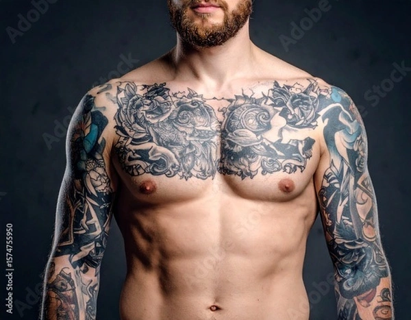 Fototapeta Tattoed Man Without Face, Upper Body Close-up, Lifestyle Concept