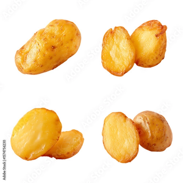 Fototapeta Golden Brown Roasted Potatoes on White Background Highlighting Crispy Texture and Appetizing Appeal