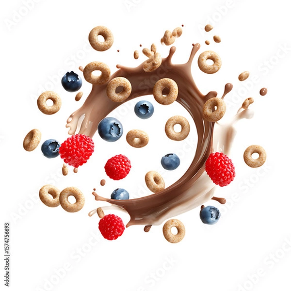 Fototapeta Dynamic Splash of Chocolate Milk with Cheerios, Blueberries, and Raspberries in Midair Motion