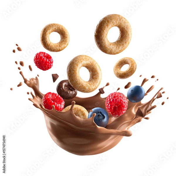 Fototapeta Dynamic Splash of Chocolate Milk with Cereal Rings, Fresh Berries, and Hazelnuts for Breakfast