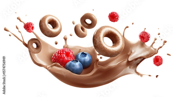 Fototapeta Dynamic Splash of Chocolate Milk with Cereal Rings, Raspberries and Blueberries in Motion