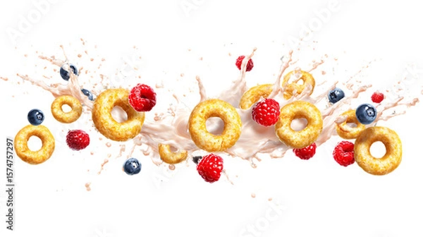 Fototapeta Dynamic Splash of Milk with Colorful Berries and Golden Cereal Rings in Mid-Air