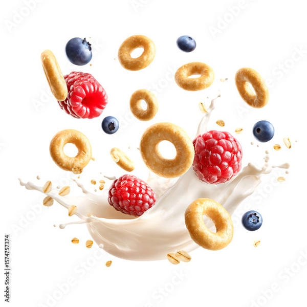 Fototapeta Dynamic Breakfast Splash with Cereal Rings, Raspberries, Blueberries, and Fresh Milk