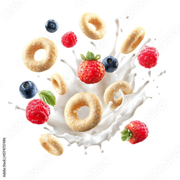 Fototapeta Dynamic Splash of Milk with Fresh Berries and Cereal Rings for a Vibrant Breakfast Vibe