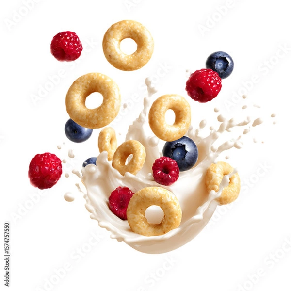 Fototapeta Dynamic Splash of Milk with Cheerios and Fresh Berries in Mid-Air for Breakfast Inspiration