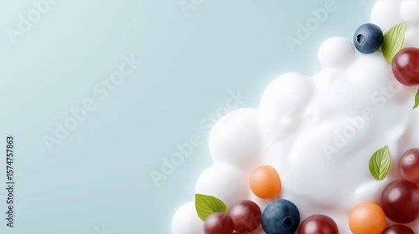 Obraz A beautiful arrangement of fresh fruit set against a soft blue background showcasing vibrant colors and nutritional benefits