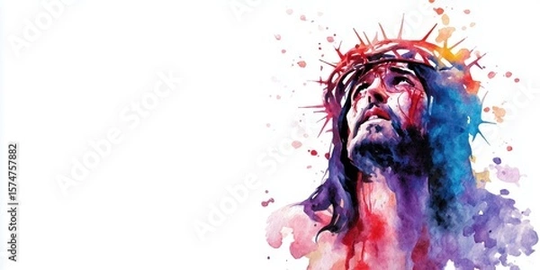 Obraz Powerful watercolor representation of jesus with a crown of thorns looking up in a reflective moment capturing suffering and redemption