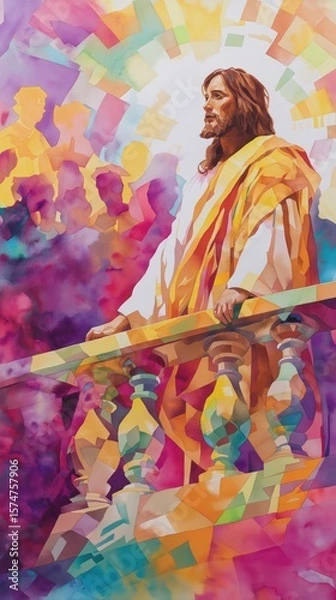 Obraz Vivid watercolor portrait of jesus on a colorful background watching people with compassion highlighting connection and spiritual presence