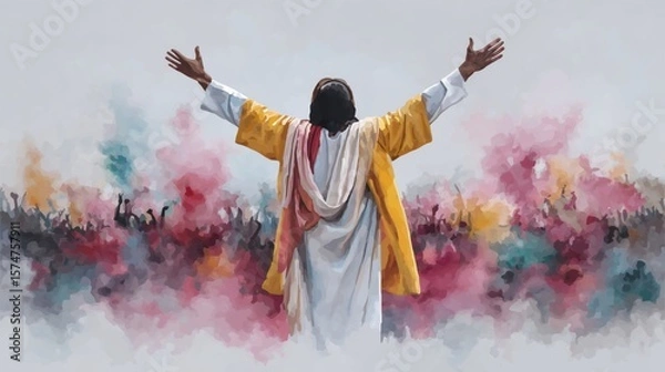 Obraz Joyful expression of jesus with outstretched arms in front of a crowd at a wedding feast captured in emotionally rich watercolor art