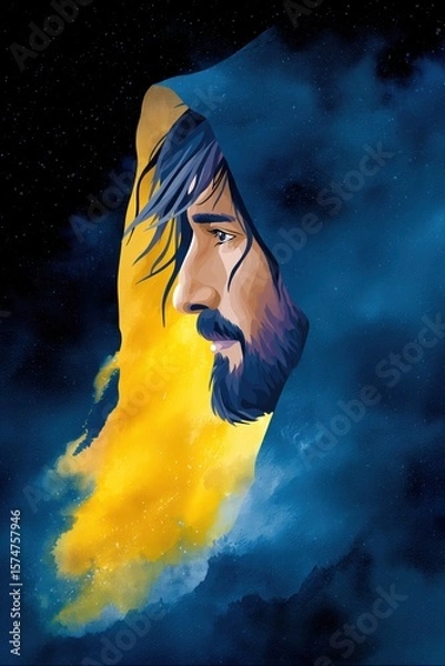 Obraz Dramatic watercolor scene of jesus in the clouds calming the storm capturing spiritual power and divine presence in expressionistic style