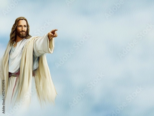 Obraz Expressionistic watercolor depiction of jesus pointing at the sky in a dramatic scene capturing spiritual significance and emotion