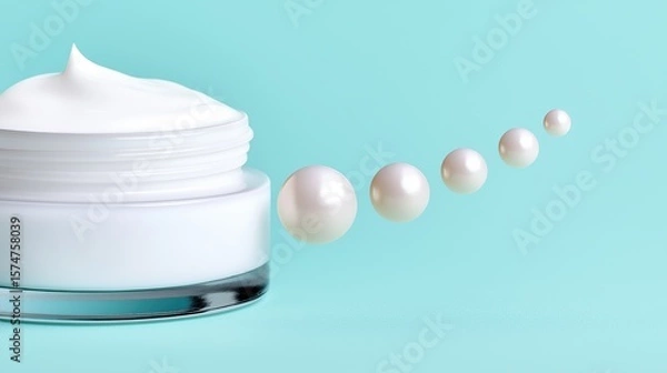 Obraz A jar of cream next to a white cream swirl against a soft pastel background highlighting skin care benefits in a macro perspective
