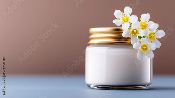 Obraz A jar of white and yellow flowers beautifully arranged in a professional studio shot against a soft pastel background in high definition