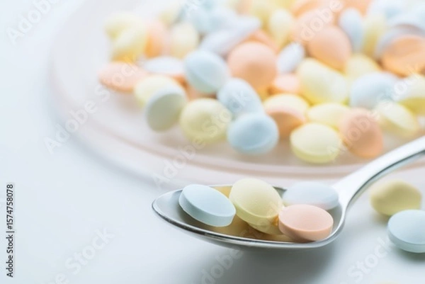 Obraz A spoon elegantly balancing colorful pills against a soft pastel background in a macro perspective highlighting health and wellness