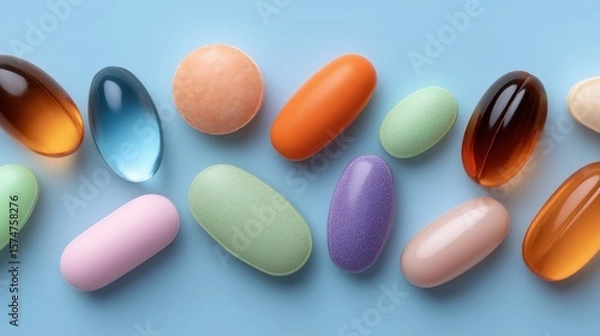 Obraz Close-up view of a variety of colorful pills displayed in an artistic manner against a soft pastel background highlighting their vibrant colors