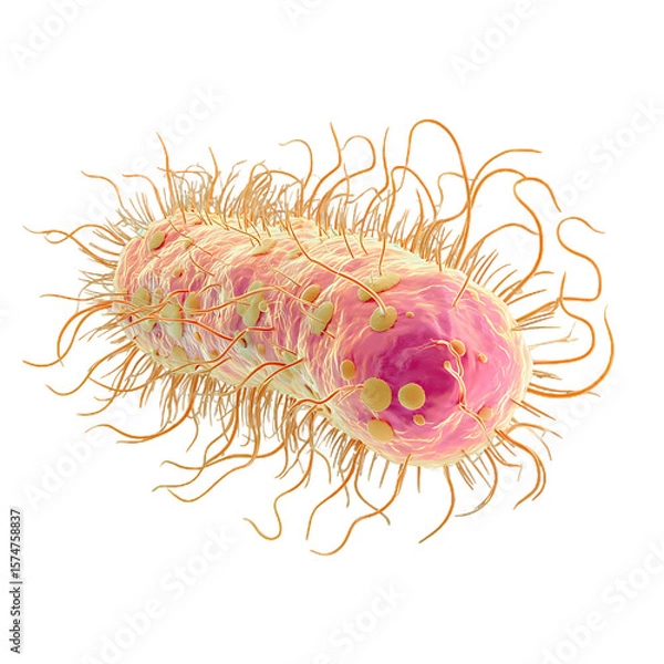 Fototapeta 3D Illustration of E. coli Bacterium Highlighting Flagella and Cellular Structure for Microbiology Studies