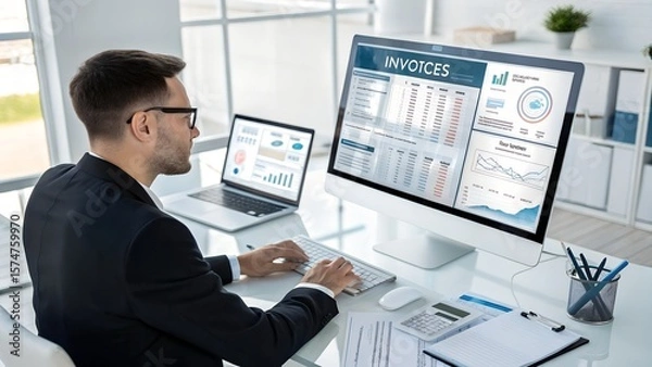 Obraz Business analyst reviewing invoices with futuristic touchscreen interface, financial reports and deadlines on screen
