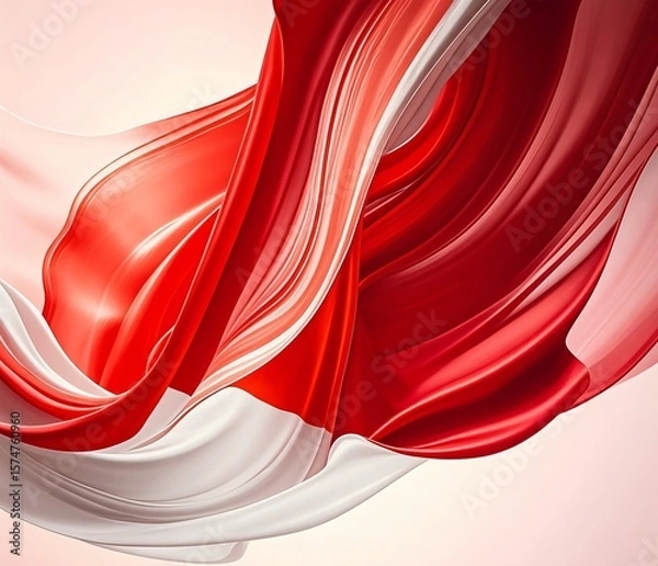Fototapeta AI generated image of Indonesian red and white flag abstract background, flowing silk texture, dynamic brush strokes, soft gradient, patriotic atmosphere, minimalist yet bold