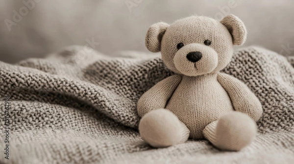 Fototapeta A knitted teddy bear sits on a textured knitted blanket, both in soft beige tones, evoking warmth and comfort.