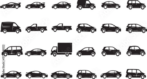 Fototapeta  A diverse collection of sleek, isolated black vehicle silhouettes, including cars, trucks, vans, and SUVs, presented in various angles for automotive design, transportation graphics, and modern digit