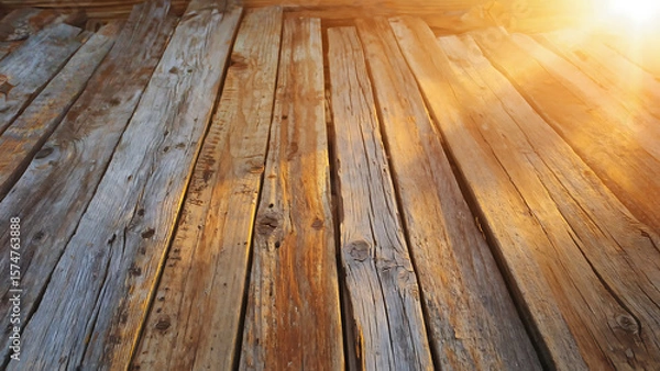 Fototapeta Rustic wooden planks bathed in sunlight, creating a warm and inviting atmosphere with natural textures and tones.