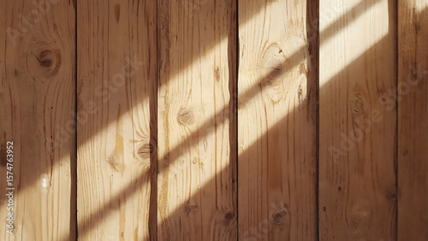 Fototapeta Sunlight streams through a window, casting shadows on a rustic wooden wall, creating a warm and inviting atmosphere.