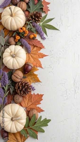Fototapeta Colorful pumpkins, acorns, dry leaves, walnuts, pine cones, and lavender flowers are creating a beautiful autumnal frame on a textured surface, perfect for thanksgiving or halloween projects