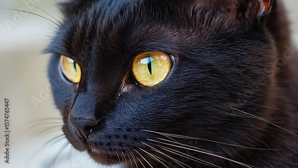 Fototapeta Close-up portrait of a sleek black cat with striking golden eyes, showcasing its elegant features and captivating gaze.