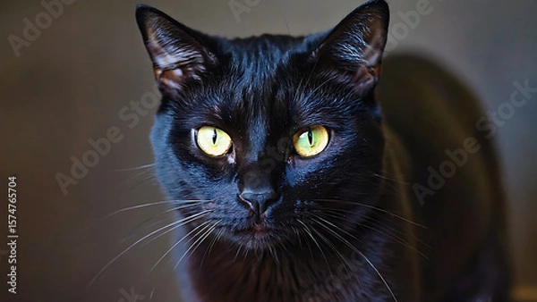 Fototapeta Portrait of a sleek black cat with piercing green eyes, showcasing its elegant features.