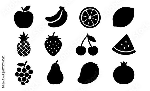 Obraz Silhouette fruit icons set: apple, banana, citrus, and more in bold black designs
