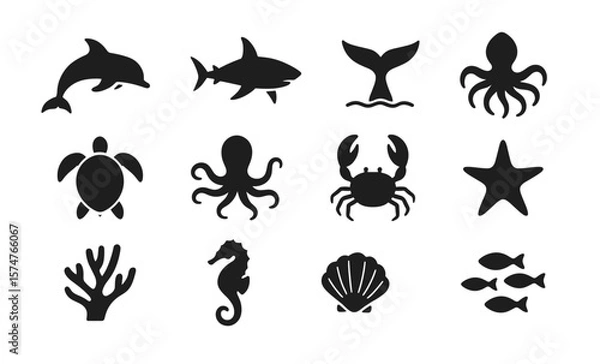 Obraz Silhouette sea creatures icons: ocean life collection featuring marine animals