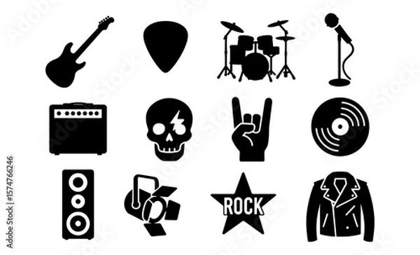 Obraz Silhouette rock music icons: guitar, microphone, skull, and more in black and white