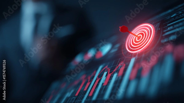 Fototapeta Business goal setting and strategic planning. professional analyzing financial reports and business analytics, with a glowing target and performance tracking in corporate strategy