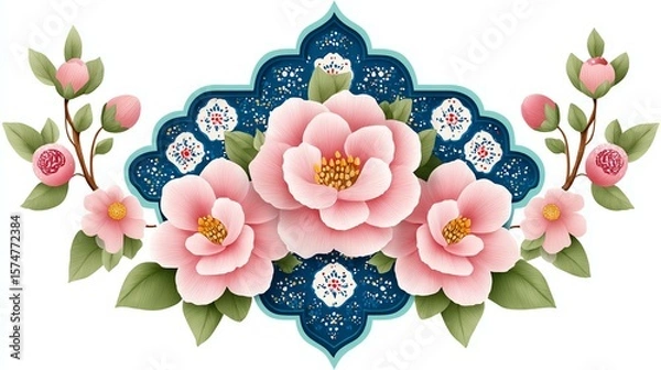 Obraz Pink Peonies in Ornate Teal Frame on White Background,Hari Raya Haji  Eid al-Adha