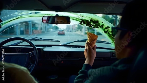 Fototapeta Funny Ice Cream Splat on a Car Windshield