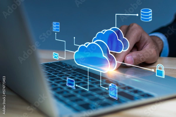 Fototapeta Cloud Storage Technology. software development manager working on laptop computer with infrastructure workflow graphic diagram, cloud computing, backup storage management, database developer concept