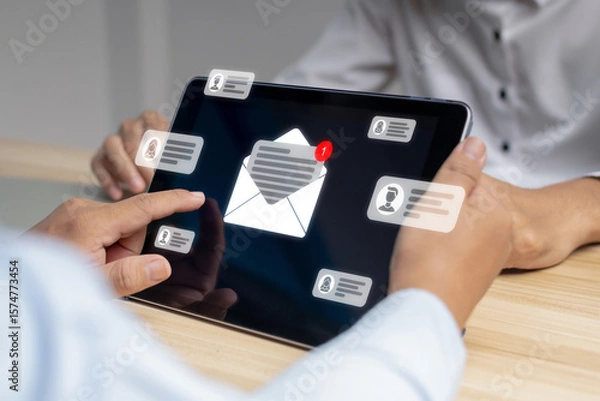 Fototapeta business man send mail message on mobile smart tablet, human resource, chat message, cyber security, digital marketing, new email notification, business finance, internet network technology concept