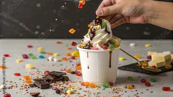 Fototapeta Funny Overloaded Frozen Yogurt: A Sticky Situation