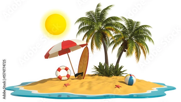 Fototapeta Summer vacation getaway with a tropical island, palm trees, surfboard, beach ball, starfish and sun umbrella.