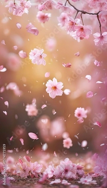 Fototapeta Beautiful Cherry Blossom Petals Falling with a Soft Bokeh Background