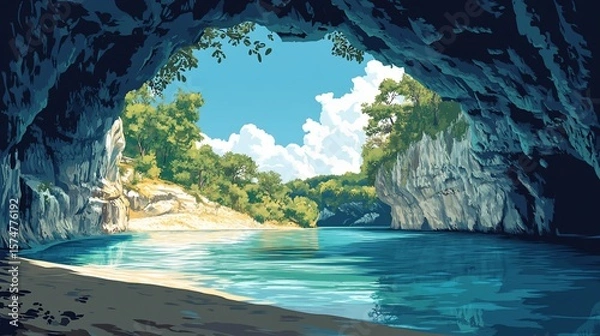 Obraz Cave opening reveals serene river, lush greenery, sunny sky