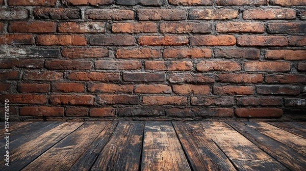 Obraz Rustic brick wall and wooden floor studio backdrop