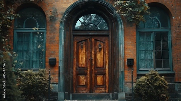 Obraz Ornate wooden door of old brick building with autumnal foliage