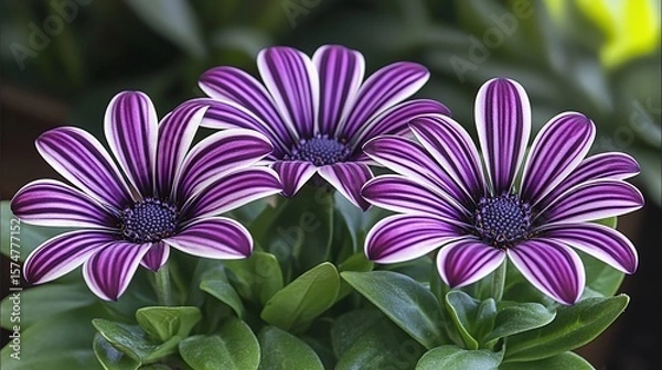 Obraz Close-up of three striped purple and white flowers in a pot, garden background.  Possible use  floral design, spring decor