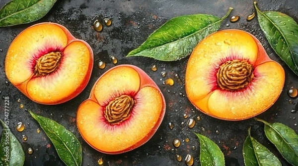 Obraz Fresh Peach Halves on Dark Background with Leaves