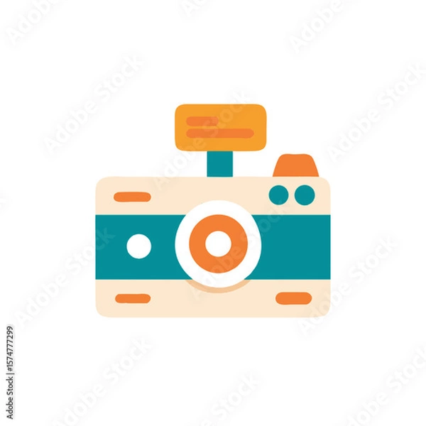 Obraz Colorful flat illustration of a vintage camera with a bright flash, showcasing a playful design, capturing the essence of photography and creativity in a whimsical style
